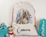 Personalised Large Christmas Sack Robin and Squirrel Design Xmas Stocking Gift Rudolph Sack Red Drawstring Christmas Decoration SK073