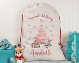 Personalised Christmas Sack - Santa Sack for Kids Presents Xmas Bunny Pink Tree Design Stocking Christmas Eve Bag Box for Girls & Boys XS004