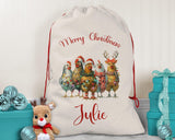 Personalised Christmas Sack - Santa Sack for Kids Presents Xmas Chickens and Lights Design Stocking Christmas Eve Bag for Girls & Boys XS052