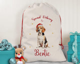 Personalised Beagle Dog Large Christmas Sack - Red Drawstring Bag for Xmas Presents - Christmas Eve Bag Box Decoration for Dogs XS072