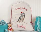 Personalised Siberian Husky Large Christmas Sack - Red Drawstring Bag for Xmas Presents - Christmas Eve Bag Box Decoration for Dogs XS149