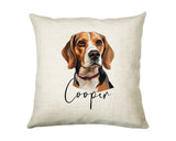 Personalised Beagle name cushion with watercolour Beagle portrait and name in script