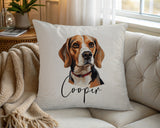 Personalised Beagle name cushion on a chair by the window