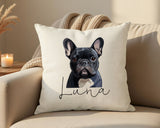 Personalised French Bulldog name cushion on a sofa