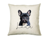 Personalised French Bulldog name cushion with watercolour Frenchie portrait and name in script