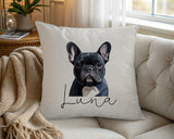 Personalised French Bulldog name cushion on a chair by the window