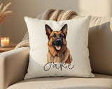 Personalised German Shepherd name cushion on a sofa