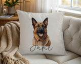 Personalised German Shepherd name cushion on a chair by the window