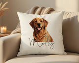 Personalised Golden Retriever name cushion on a sofa