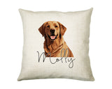 Personalised Golden Retriever name cushion with watercolour Golden Retriever portrait and name in script