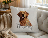 Personalised Golden Retriever name cushion on a chair by the window
