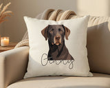 Personalised Chocolate Labrador name cushion on a sofa