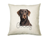 Personalised Chocolate Labrador name cushion with watercolour Chocolate Labrador portrait and name in script