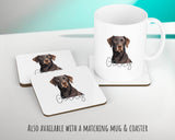 Personalised Chocolate Labrador cushion with matching mug and coaster