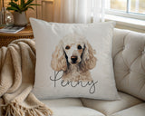 Personalised Poodle name cushion on a chair by the window
