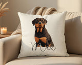 Personalised Rottweiler name cushion on a sofa