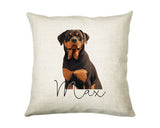Personalised Rottweiler name cushion with watercolour Rottweiler portrait and name in script