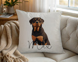Personalised Rottweiler name cushion on a chair by the window