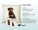 How to order the Rottweiler cushion - Cover Only, Full Cushion and Pad, or Cushion+Mug+Coaster