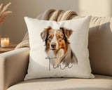 Personalised Australian Shepherd name cushion on a sofa