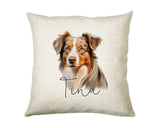Personalised Australian Shepherd name cushion with watercolour Australian Shepherd portrait and name in script