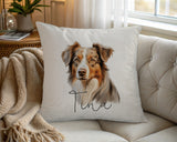 Personalised Australian Shepherd name cushion on a chair by the window