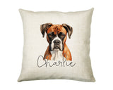 Personalised Boxer name cushion with watercolour Boxer portrait and name in script