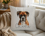 Personalised Boxer name cushion on a chair by the window