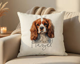 Personalised Cavalier King Charles Spaniel name cushion on a sofa
