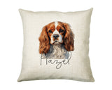 Personalised Cavalier King Charles Spaniel name cushion with watercolour Cavalier King Charles Spaniel portrait and name in script