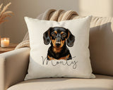 Personalised Dachshund name cushion on a sofa