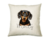 Personalised Dachshund name cushion with watercolour Dachshund portrait and name in script
