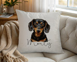 Personalised Dachshund name cushion on a chair by the window