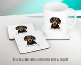 Personalised Dachshund cushion with matching mug and coaster