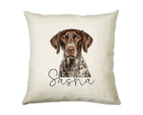 Personalised German Shorthaired Pointer name cushion with watercolour German Shorthaired Pointer portrait and name in script