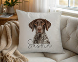 Personalised German Shorthaired Pointer name cushion on a chair by the window