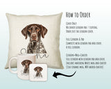 How to order the German Shorthaired Pointer cushion - Cover Only, Full Cushion and Pad, or Cushion+Mug+Coaster