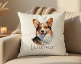 Personalised Pembroke Welsh Corgi name cushion on a sofa