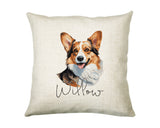 Personalised Pembroke Welsh Corgi name cushion with watercolour Pembroke Welsh Corgi portrait and name in script