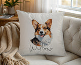 Personalised Pembroke Welsh Corgi name cushion on a chair by the window