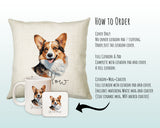 How to order the Pembroke Welsh Corgi cushion - Cover Only, Full Cushion and Pad, or Cushion+Mug+Coaster