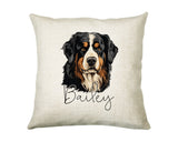 Personalised Bernese Mountain Dog name cushion with watercolour Bernese Mountain Dog portrait and name in script