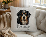 Personalised Bernese Mountain Dog name cushion on a chair by the window