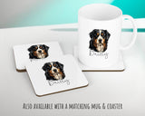 Personalised Bernese Mountain Dog cushion with matching mug and coaster