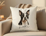 Personalised Boston Terrier name cushion on a sofa