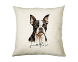 Personalised Boston Terrier name cushion with watercolour Boston Terrier portrait and name in script