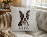Personalised Boston Terrier name cushion on a chair by the window