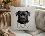 Personalised Cane Corso name cushion on a chair by the window