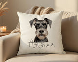 Personalised Miniature Schnauzer name cushion on a sofa