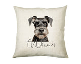 Personalised Miniature Schnauzer name cushion with watercolour Miniature Schnauzer portrait and name in script